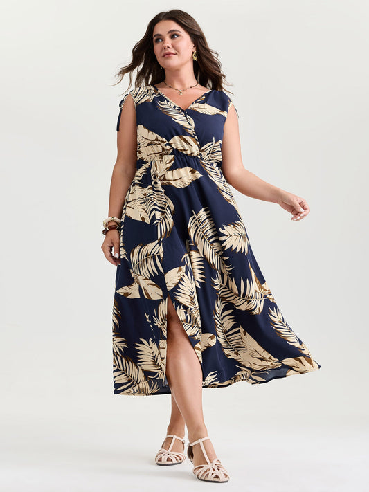 Tropical Print Wrap Neck Shoulder-Tie Midi Dress