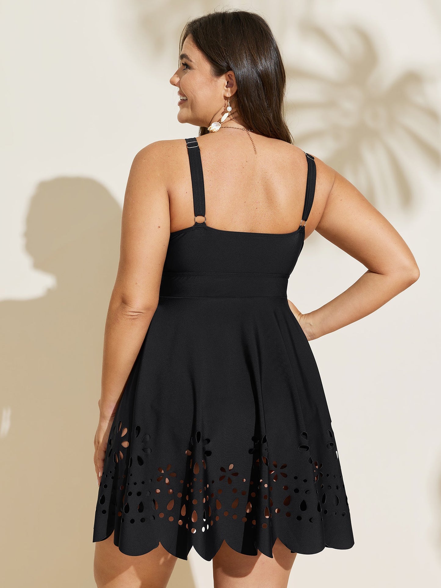 Laser Cut Surplice Neck Waist-Cinched Swim Dress