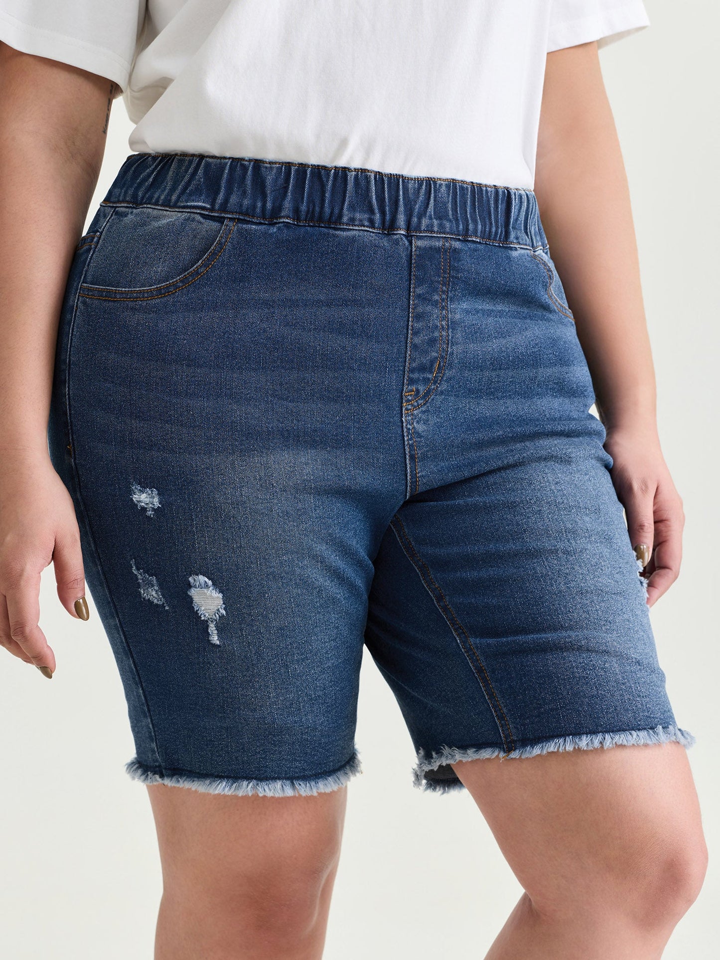 Everyday Elastic Waist Ripped Denim Shorts