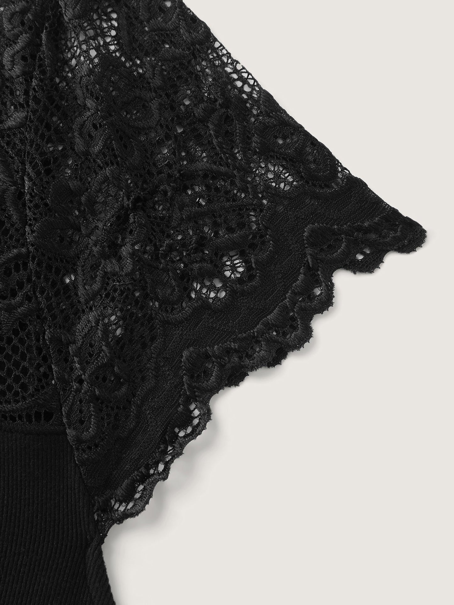 Sheer Lace Neckline Shirred Knit Top
