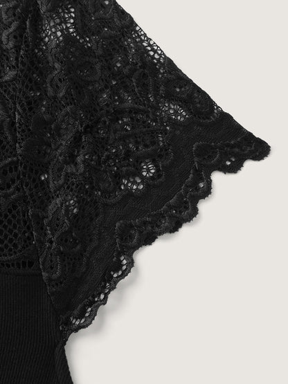 Sheer Lace Neckline Shirred Knit Top
