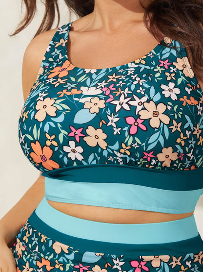 Floral Print Color Contrast Swim Top