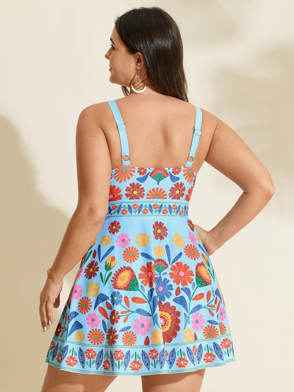 Floral Surplice Neckline Pockets Swim Dress