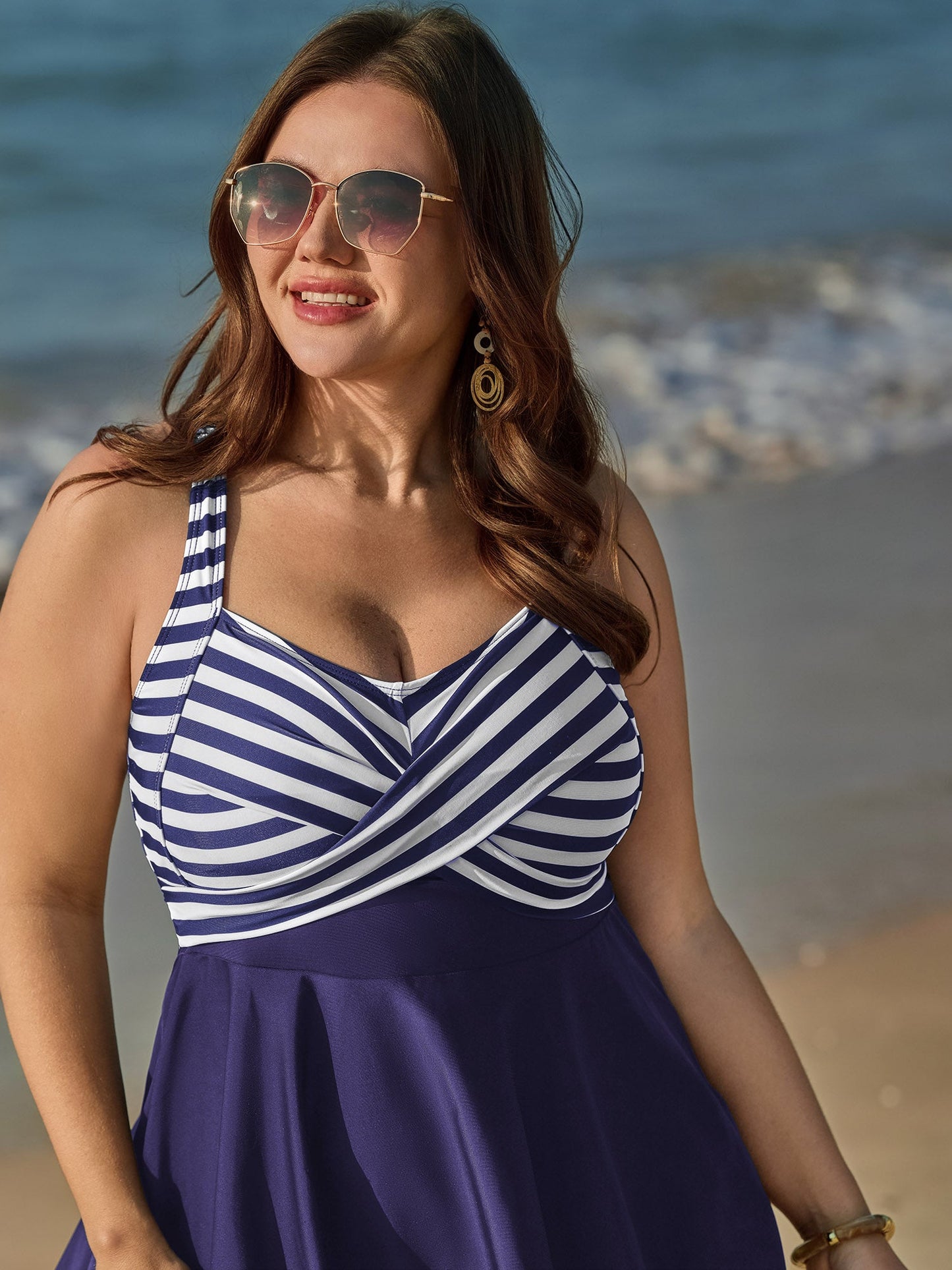 Striped Contrast Twist Front Swim Dress