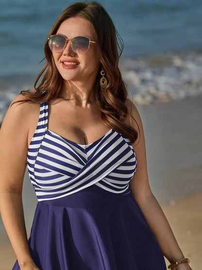 Striped Contrast Twist Front Swim Dress