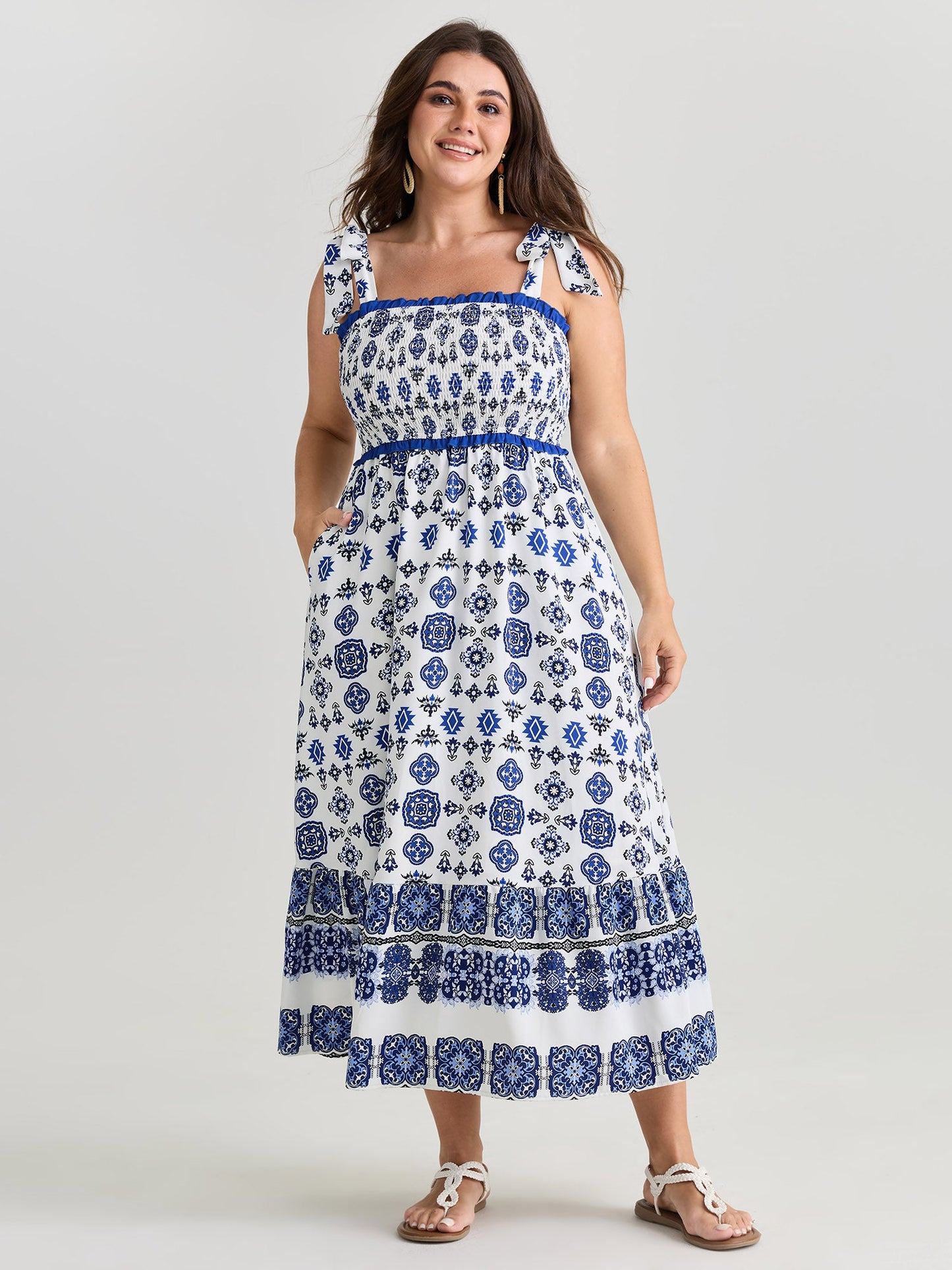 Geometric Boho Print Shoulder-Tie Contrast Maxi Dress