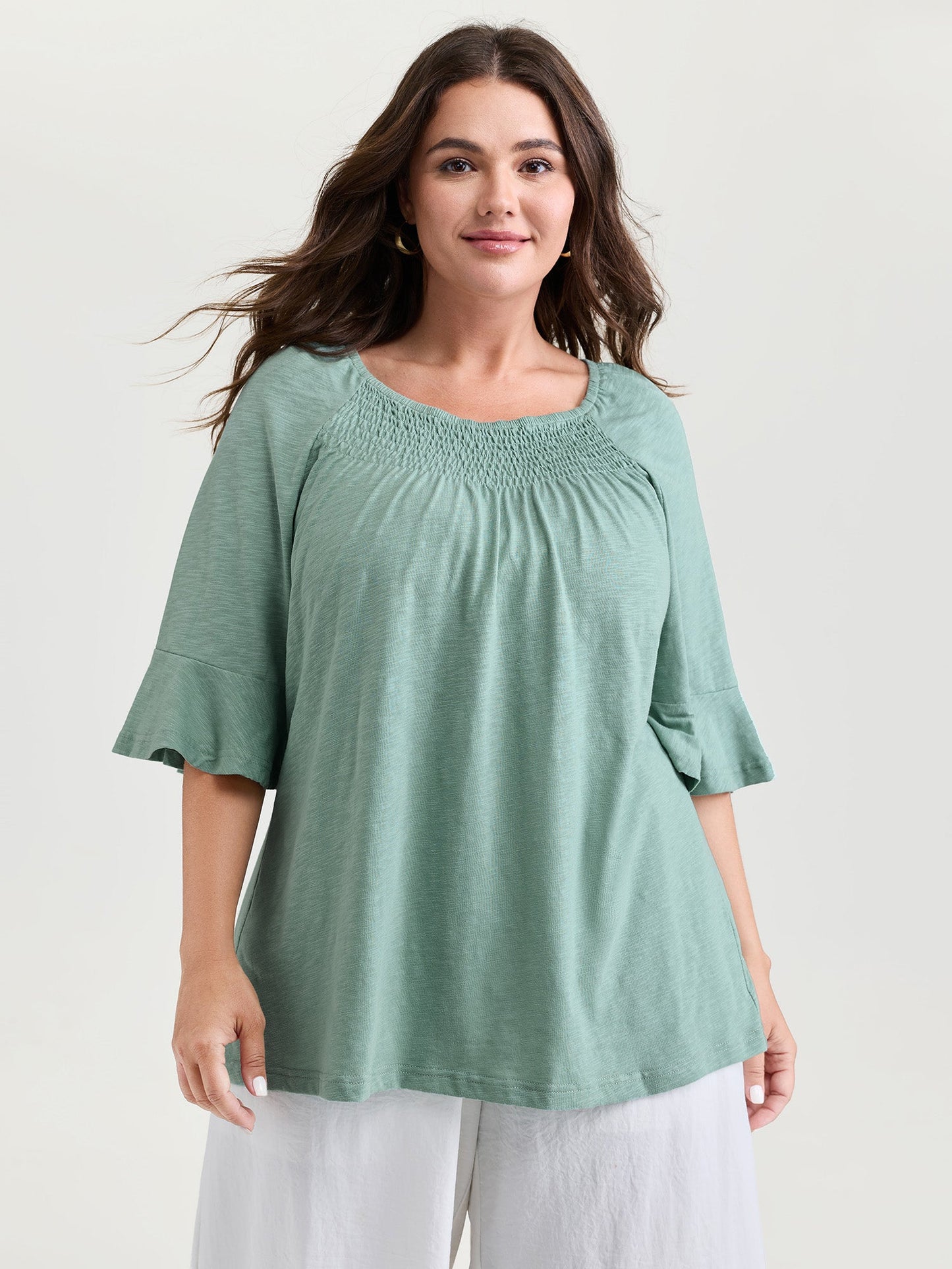 Ruffled Sleeve Shirred Neckline Plain Top