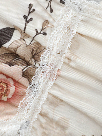 Floral Print Lace Trim Knit Top