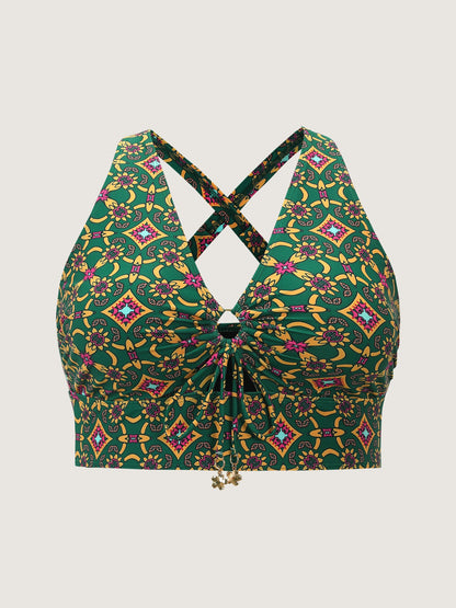 Adjustable Geometric Cut-Out Print Swim Top