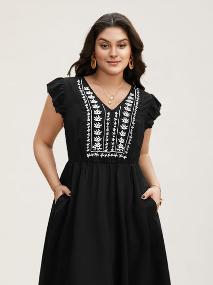 Floral Embroidered V Neck Ruffle Cap Sleeve Dress