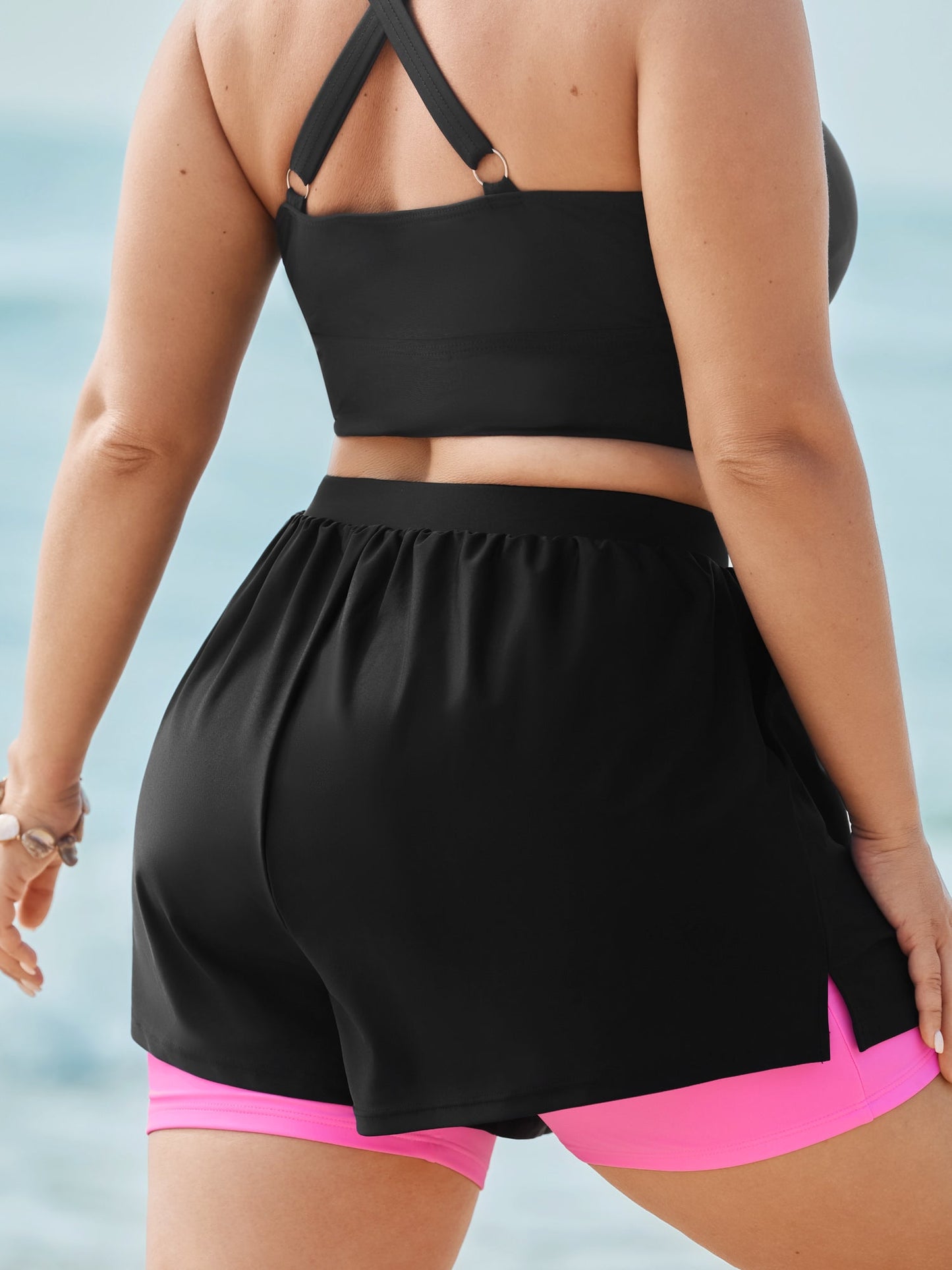 Color Contrast Layered Hem Pockets Swim Bottoms