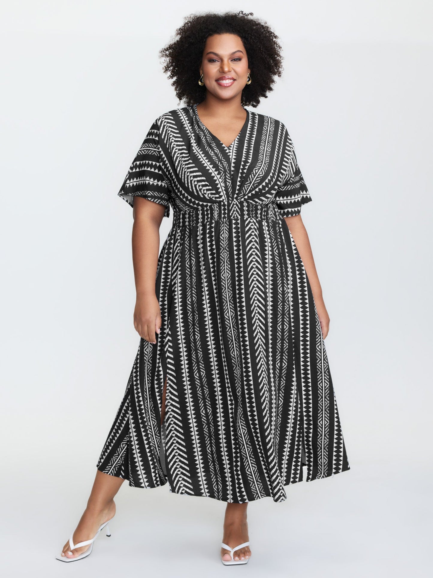 plus size Solid Geometric Dolman Sleeve Pocket Shirred Split Hem Dress