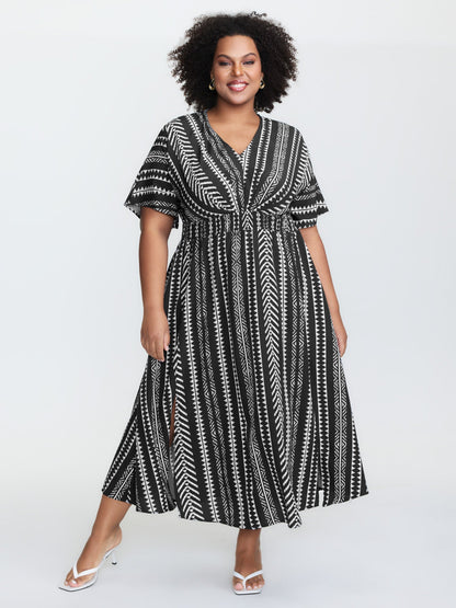 plus size Solid Geometric Dolman Sleeve Pocket Shirred Split Hem Dress