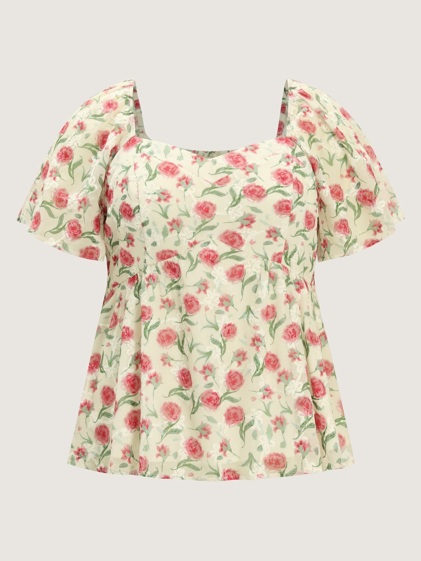 Rosy Floral Print Sweetheart Neckline Shirred Blouse