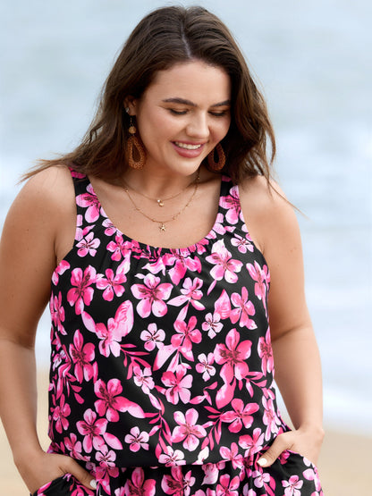 plus size Tropical Flower Print Pockets One-Piece Swimsuit