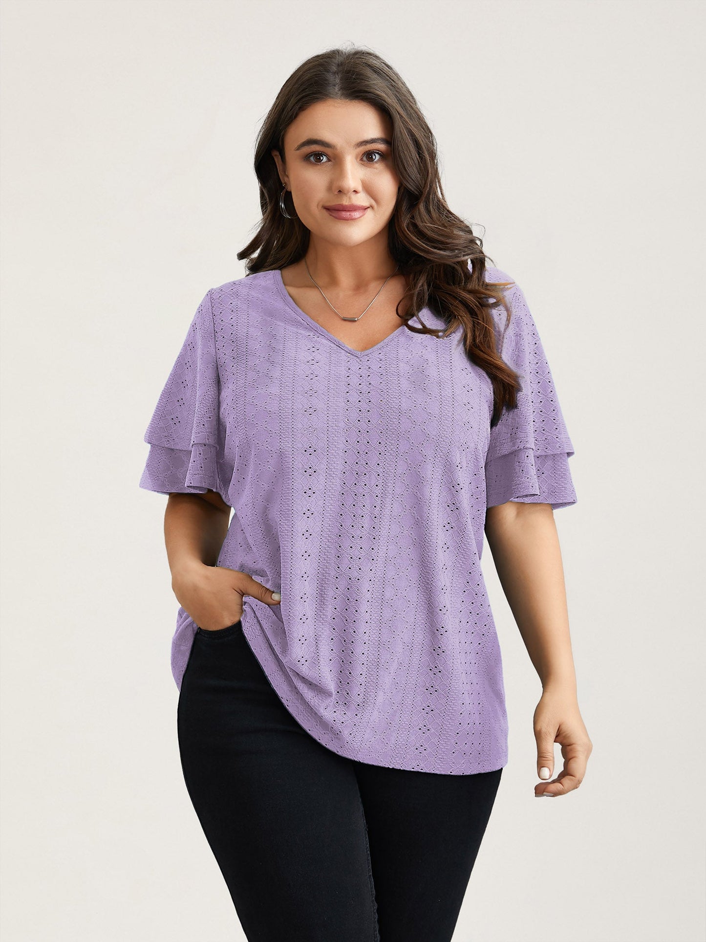 Jacquard Textured Lotus Leaf Sleeve Top