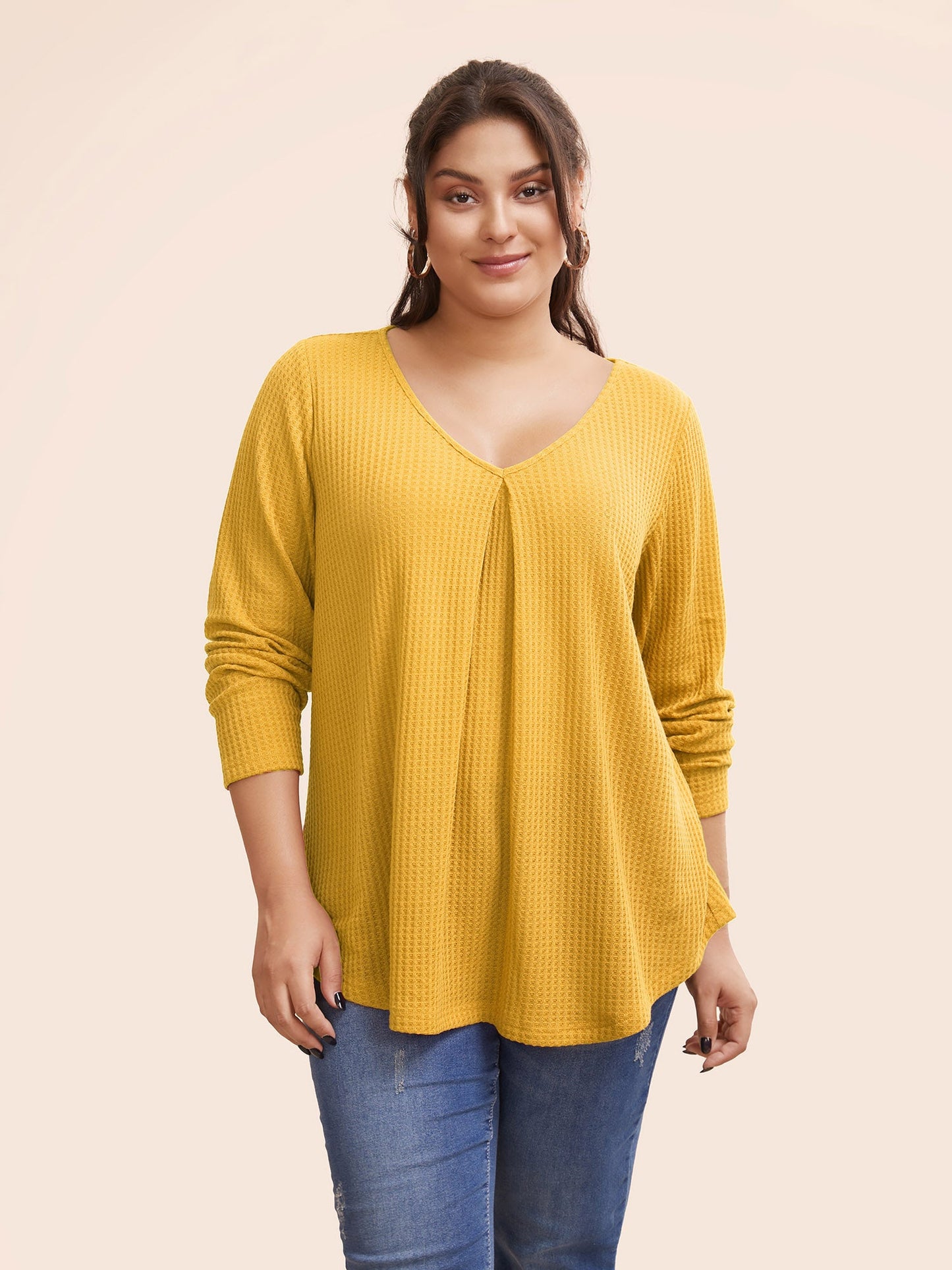 Plain Waffle Knit Scoop Neck Plicated Detail T-shirt