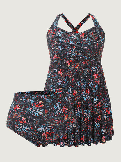 Paisley Print Crossstraps Pockets Swim Dress