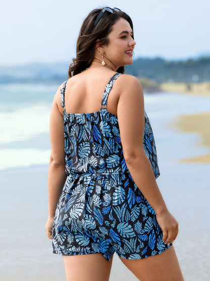 plus size Tropical Flower Print Pockets One-Piece Swimsuit
