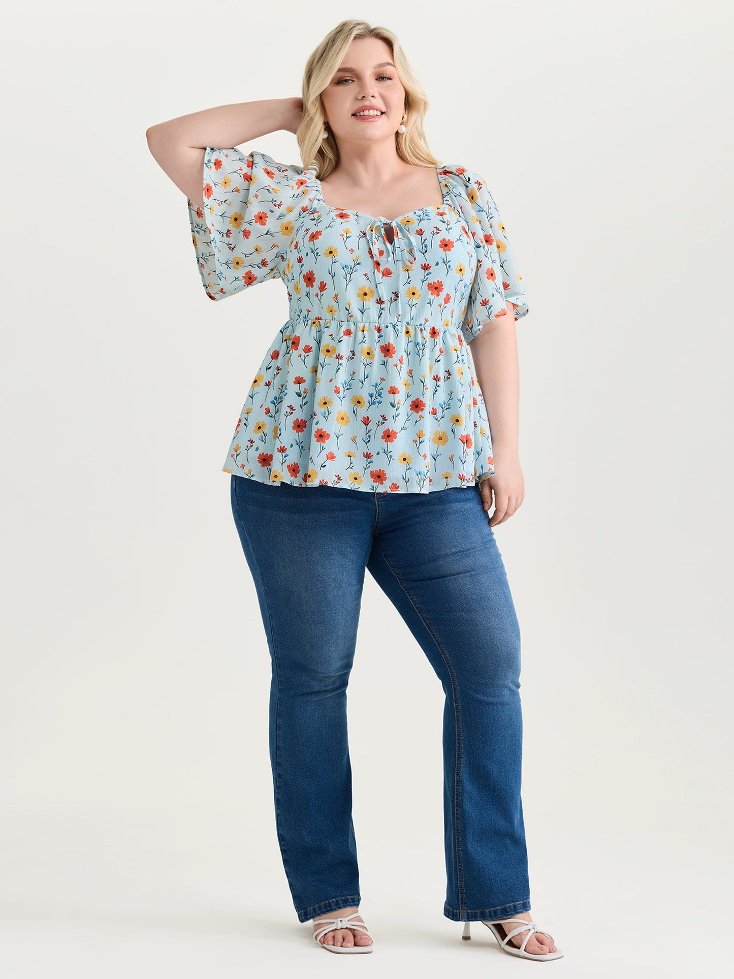 Sunshine-Ready Floral Print Drawstring Blouse