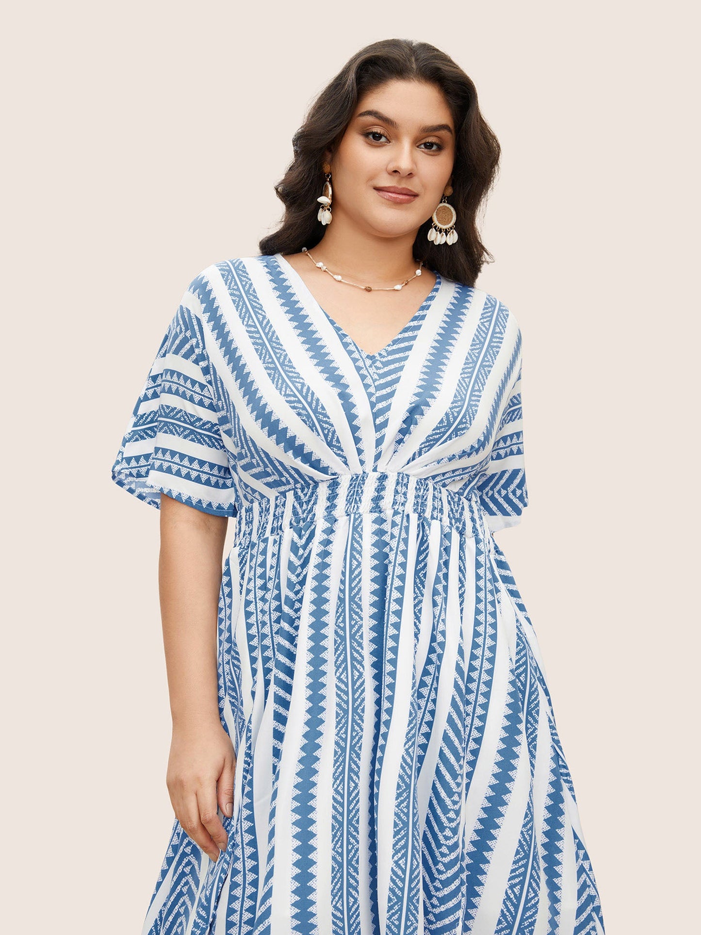 plus size Solid Geometric Dolman Sleeve Pocket Shirred Split Hem Dress