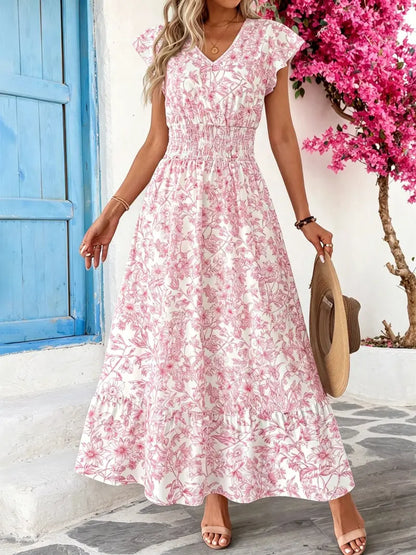 Women's V Neck Ruffle Hem A-Line Dress, Elegant All over Print, Elastic Waist, Moderate Fabric, Casual Vacation Wear