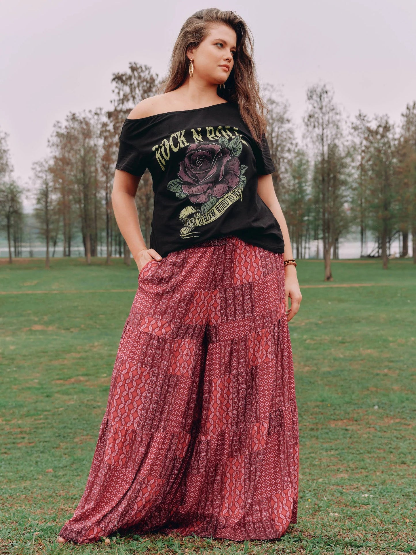 Geometric Print Flared Shirred Waist Pants
